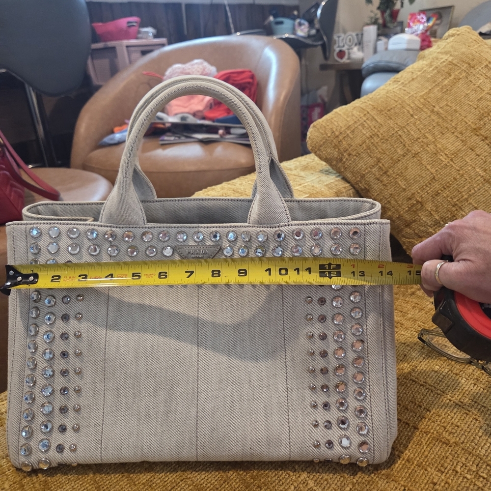 Prada Beige Studded Canapa Tote Women's Bag - Picture 12 of 13
